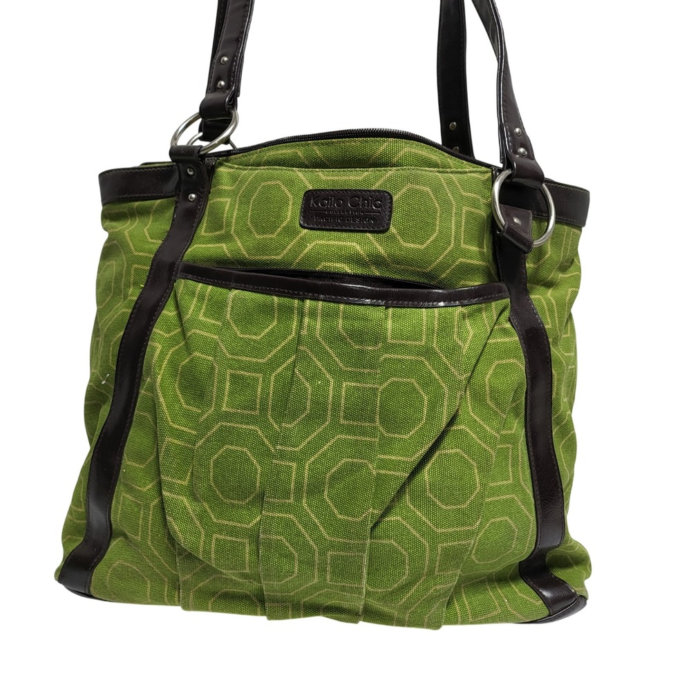 Kailo Chic Pacific Design Tote Bag Green Geometric Print Brown Leather Trim